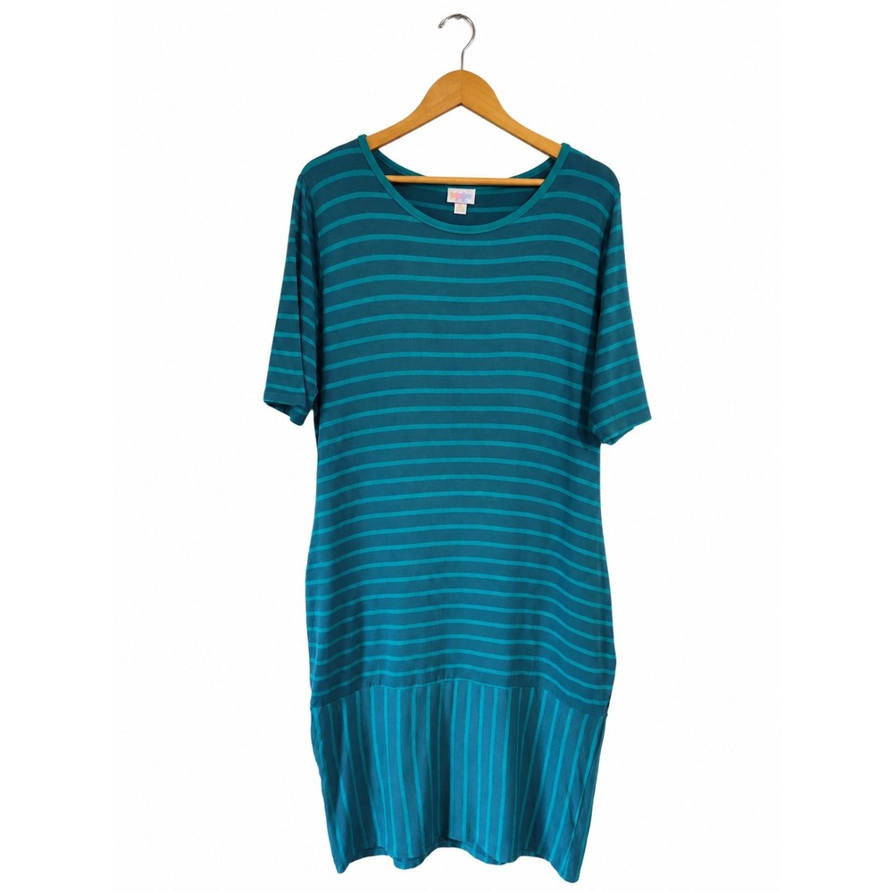 LuLaRoe Julia Dress 3XL Teal Turquoise Striped Short Sleeve Sheath Midi dress